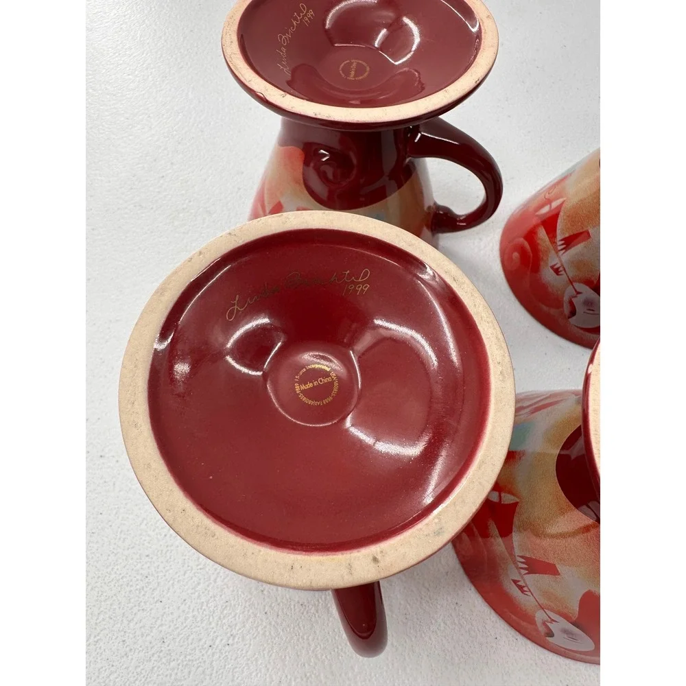 Frangelico Liqueur Mugs Set 4 Linda Spivey 1999 Burgundy Red Pedestal Coffee Cup